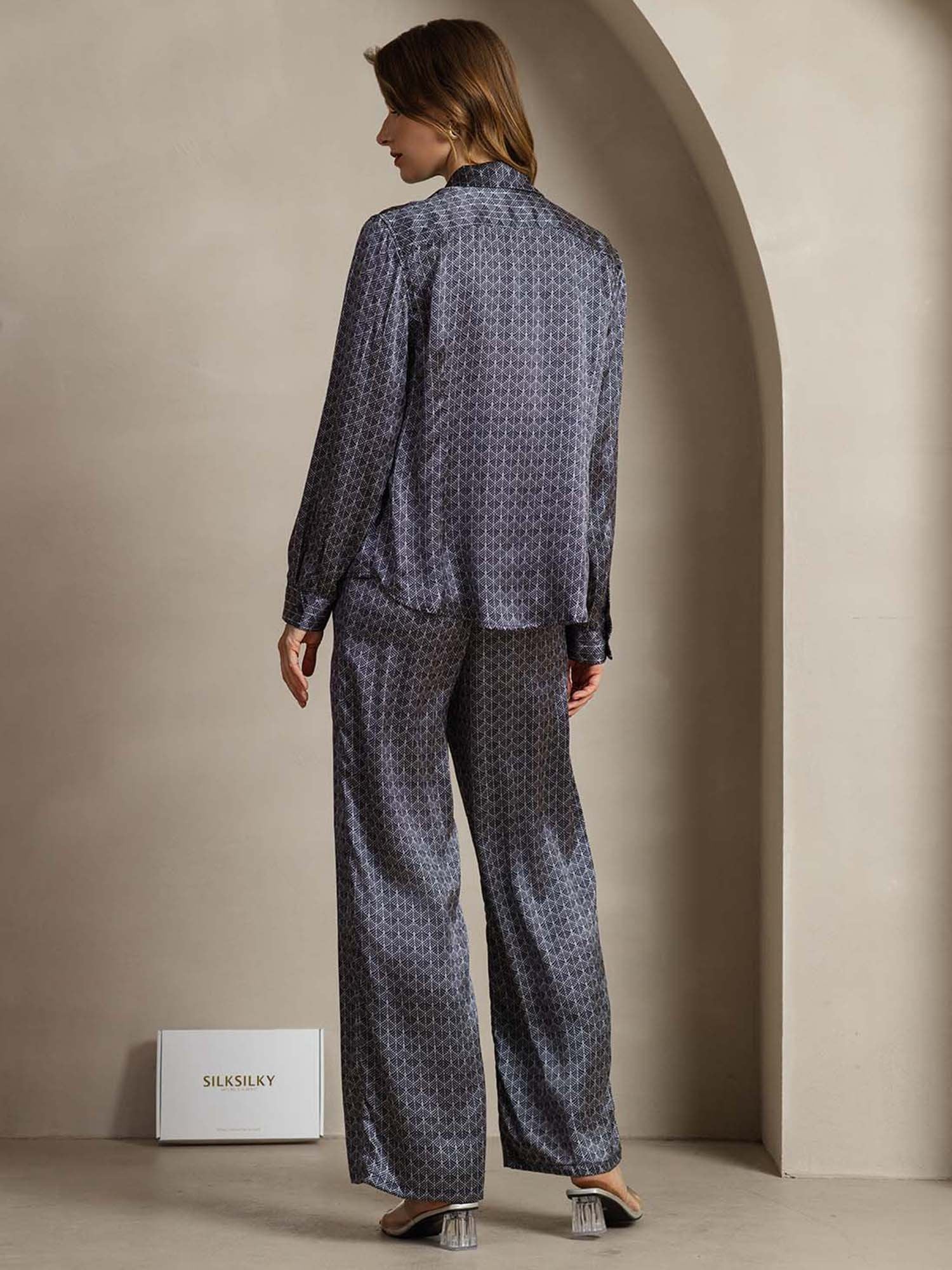 [Marine Ginkgo] SilkSilky-DE 19Momme Seide Umlegekragen Women''s Outfit Sets 004,