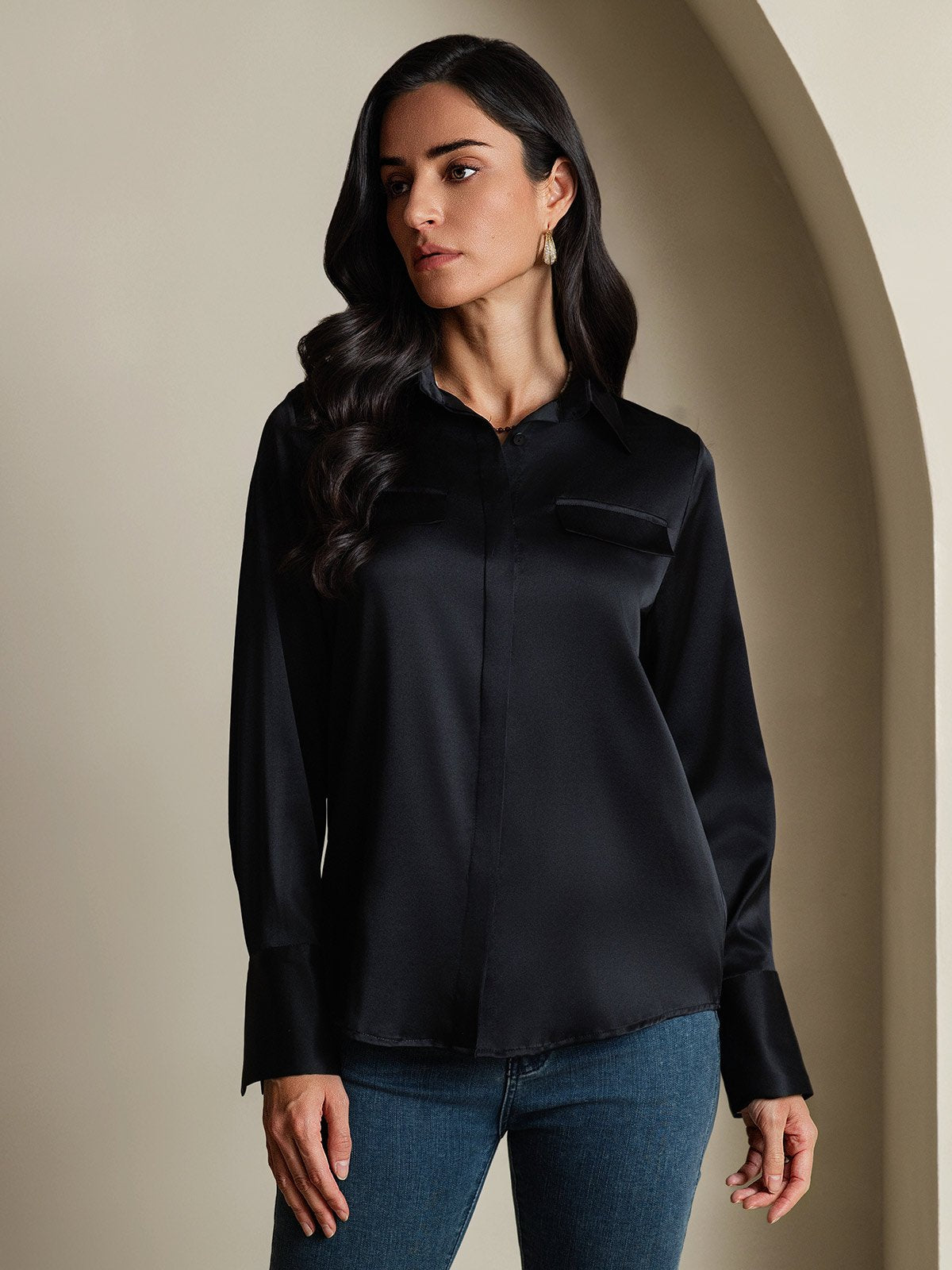 SilkSilky-DE 19Momme Seide Langärmelig Umlegekragen Damenhemd Schwarz 005