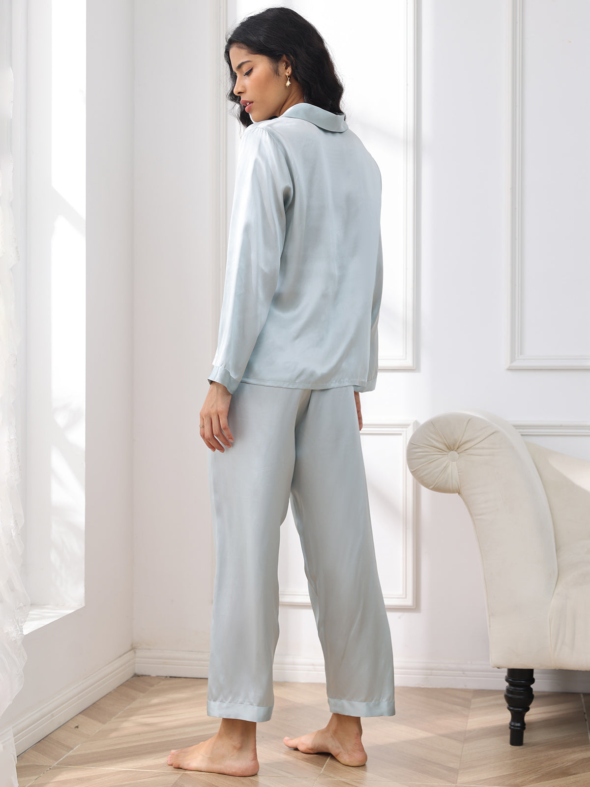 [Hellblau] SilkSilky-DE Langärmelig Notch-Kragen Damen Pyjamas 002