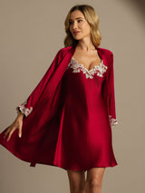 [Rotwein] SilkSilky-DE 3/4 Sleeve V Neck Nachthemd&Morgenmantel Set 001