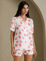 [Weißer Lippenstift] SilkSilky-DE Short Sleeve Notch Collar Damen Pyjamas 001