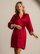 [Rotwein] SilkSilky-DE 3/4 Sleeve Damen Morgenmantel 004