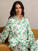 [Grün Blumen] SilkSilky-DE Reine Seide Womens Pajamas 001,