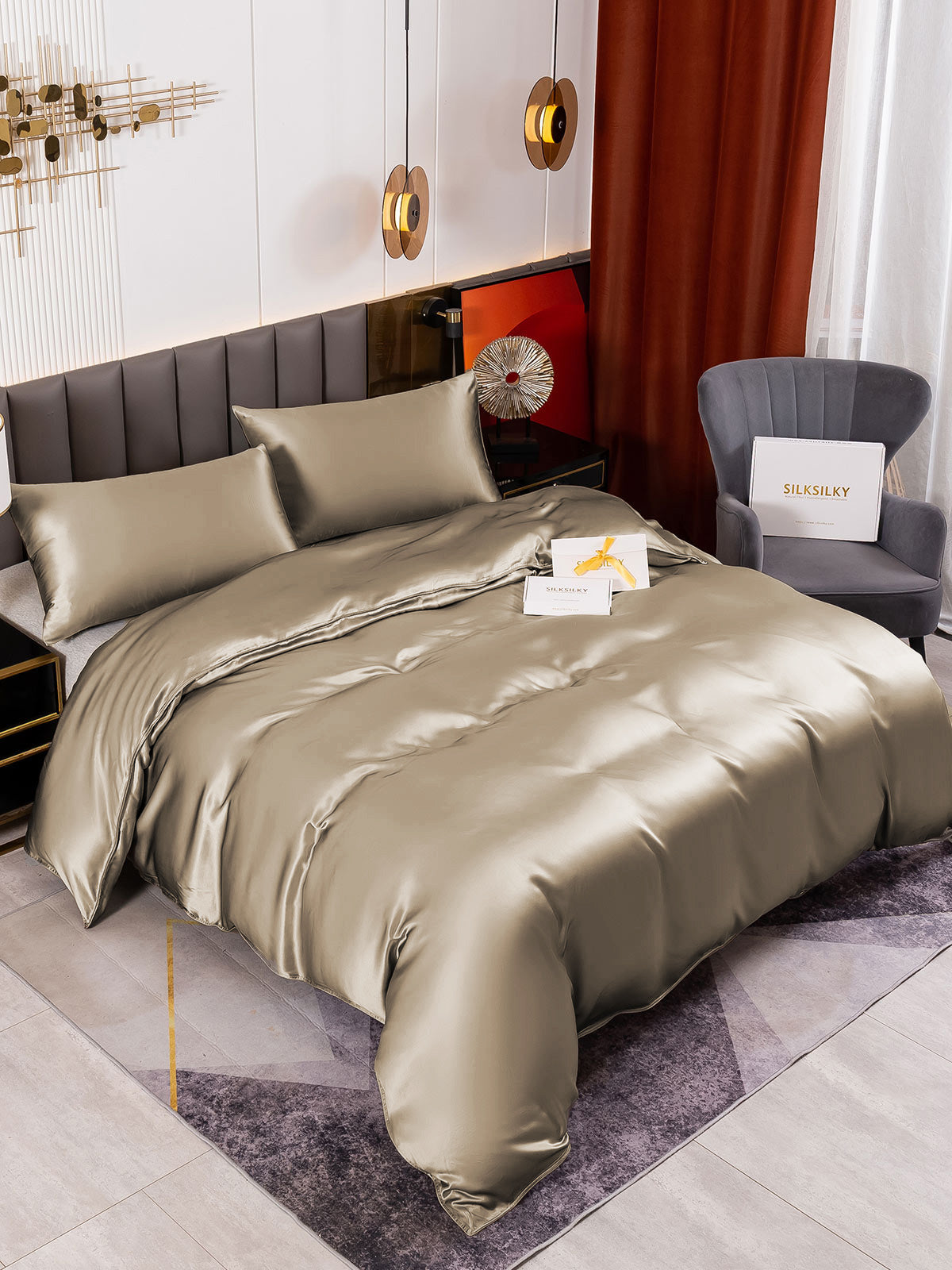 [Khaki] SilkSilky-DE 19Momme Reine Seide Bedding Set 003