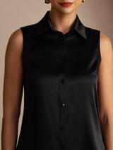 [Schwarz] SilkSilky-DE Sleeveless Lapel Collar Damenhemd 004