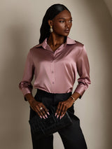 [Blasses Mauve] SilkSilky-DE 19Momme 3/4-lange Ärmel Lapelkragen Damenhemd 005