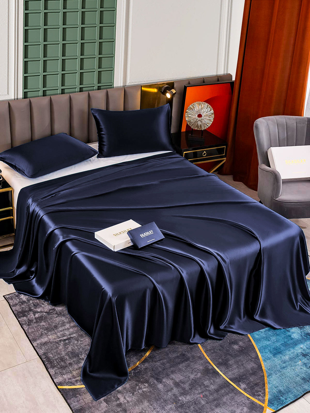 [Dunkelblau] SilkSilky-DE 25Momme Reine Seide Bedding Set 002