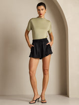 [Getrocknetes Kraut] SilkSilky-DE 100% Silk Jersey Short Sleeve Mock Neck T-Shirt 006