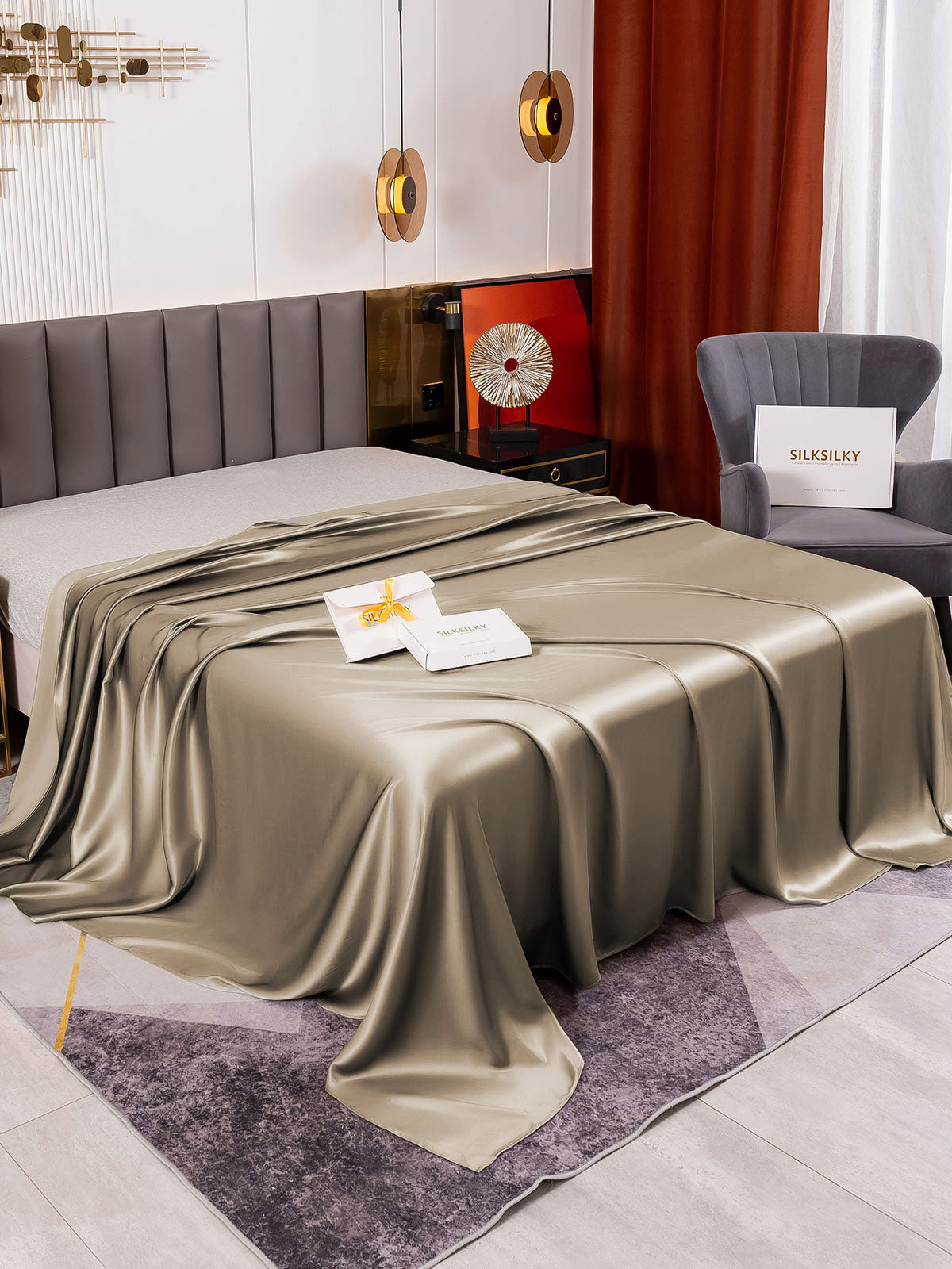 [Khaki] SilkSilky-DE 19Momme Reine Seide Sheet 001