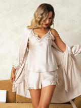 [Beige] SilkSilky-DE Reine Seide 3/4-lange Ärmel V Ausschnitt Damen Pyjamas 001