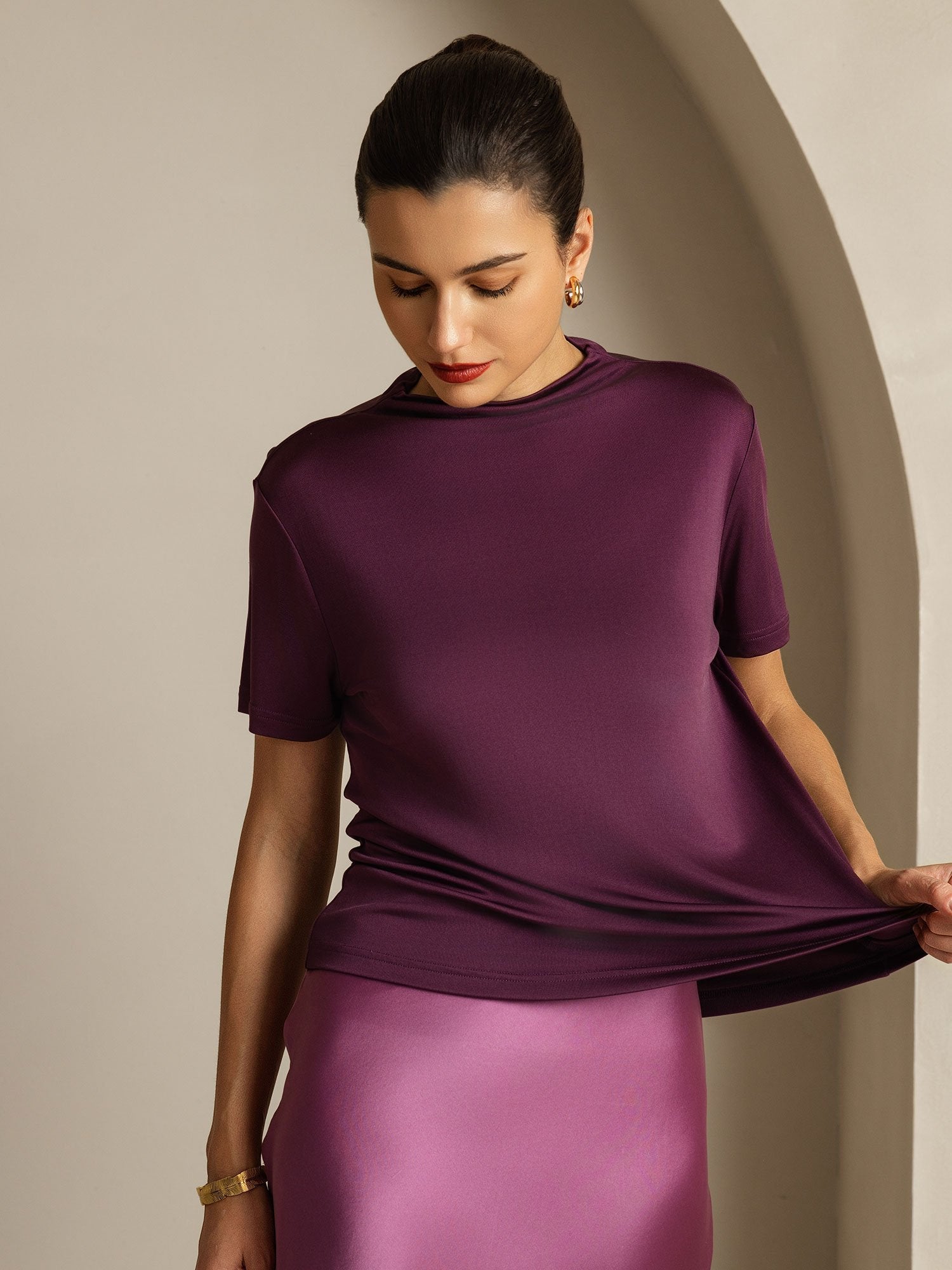 [Violett] SilkSilky-DE Reine Seide Umlegekragen T-Shirt 003
