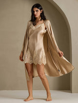 [Champagner] SilkSilky-DE 3/4 Sleeve V Neck Nachthemd&Morgenmantel Set 001