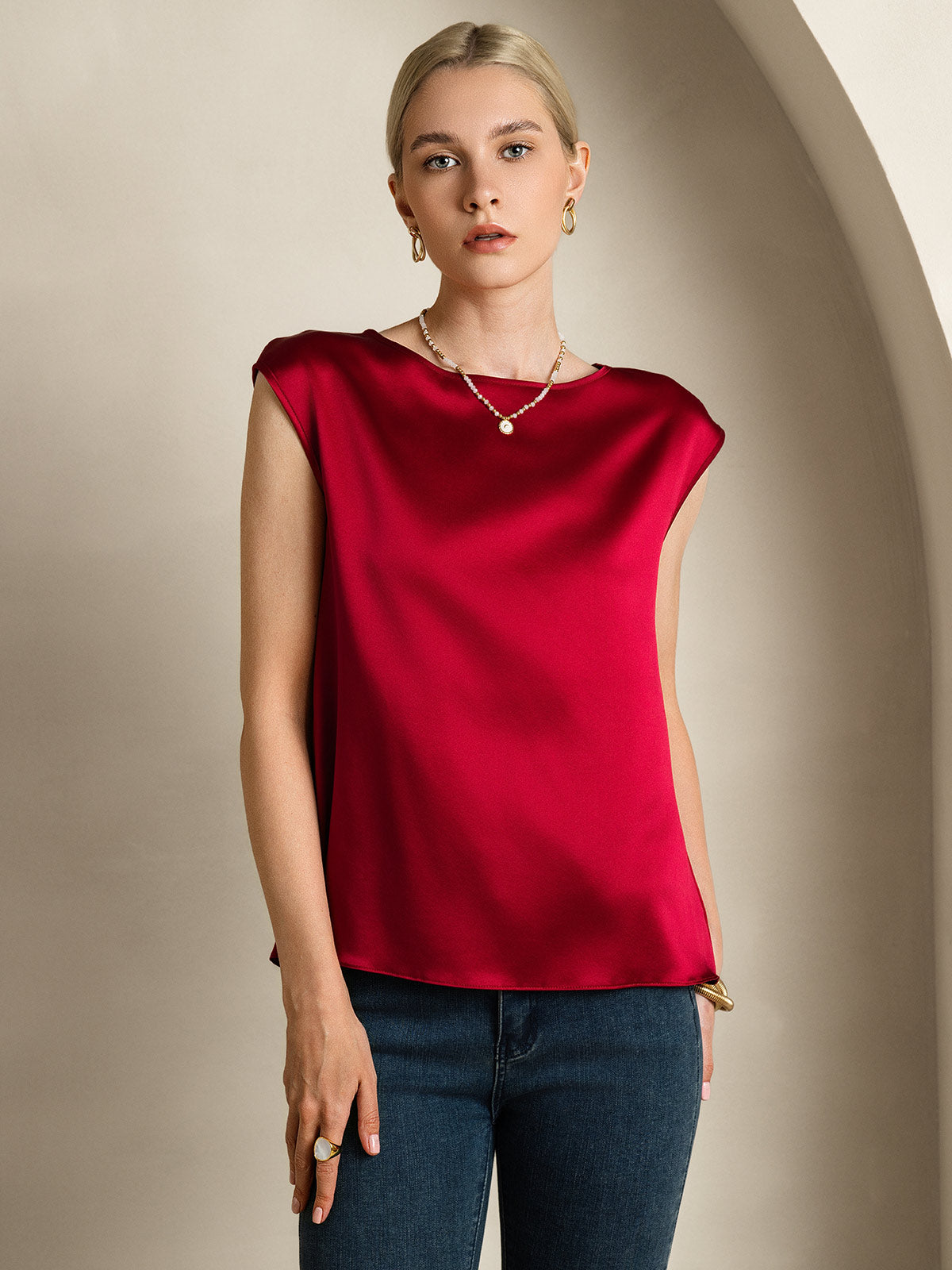 [Rotwein] SilkSilky-DE 19Momme Seide Womens T-Shirt 001