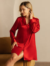 [Rot] SilkSilky-DE Long Sleeve Lapel Collar Schlafhemd 005