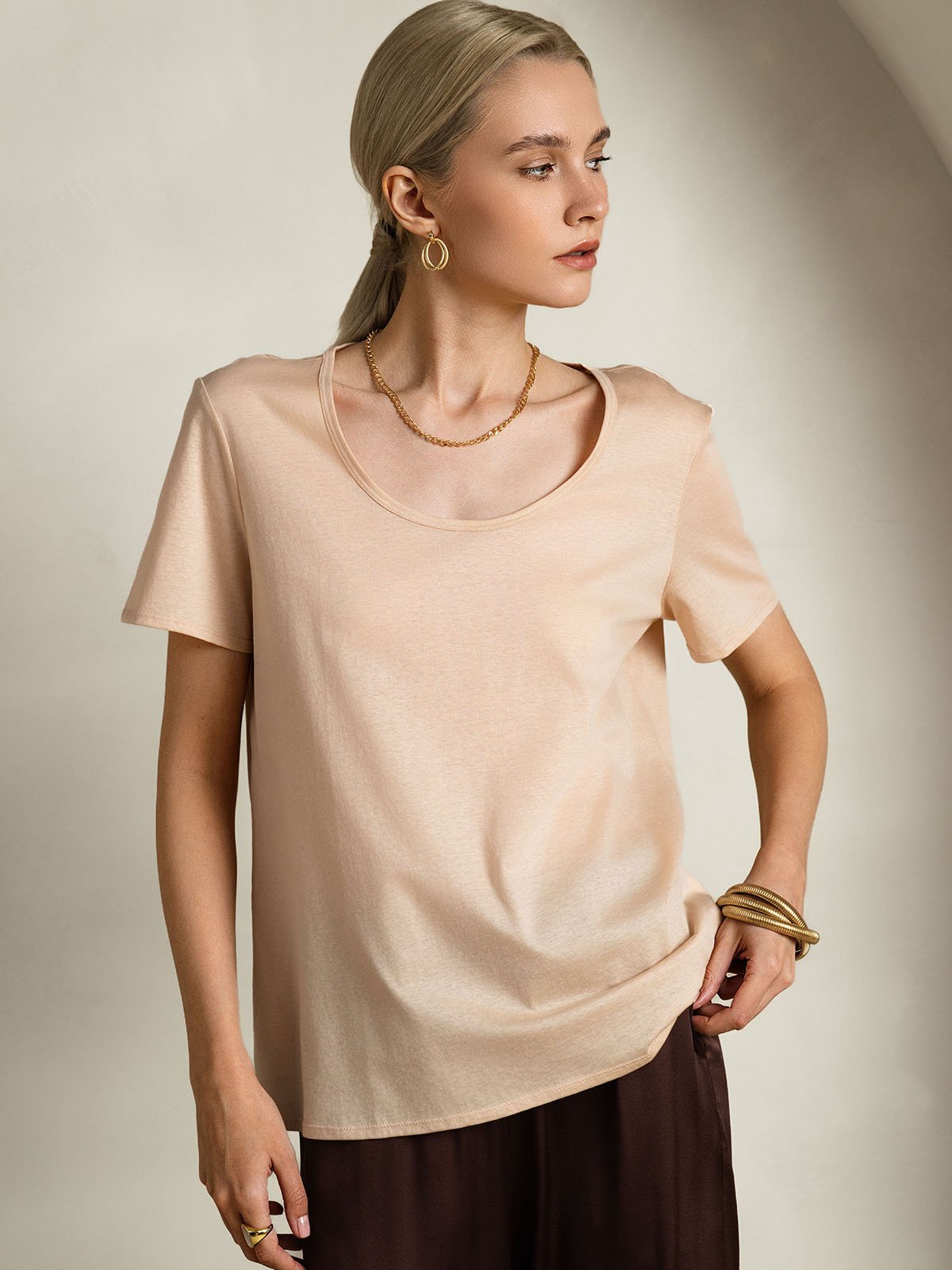 SilkSilky-DE Seide Kurzärmelig U Ausschnitt T-Shirt Beige 003