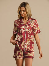 [Weinroter Drache] SilkSilky-DE Short Sleeve Notch-Kragen Damen Pyjamas 004