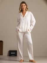 [Weiß] SilkSilky-DE 19Momme Langärmelig Notch-Kragen Damen Pyjamas 008