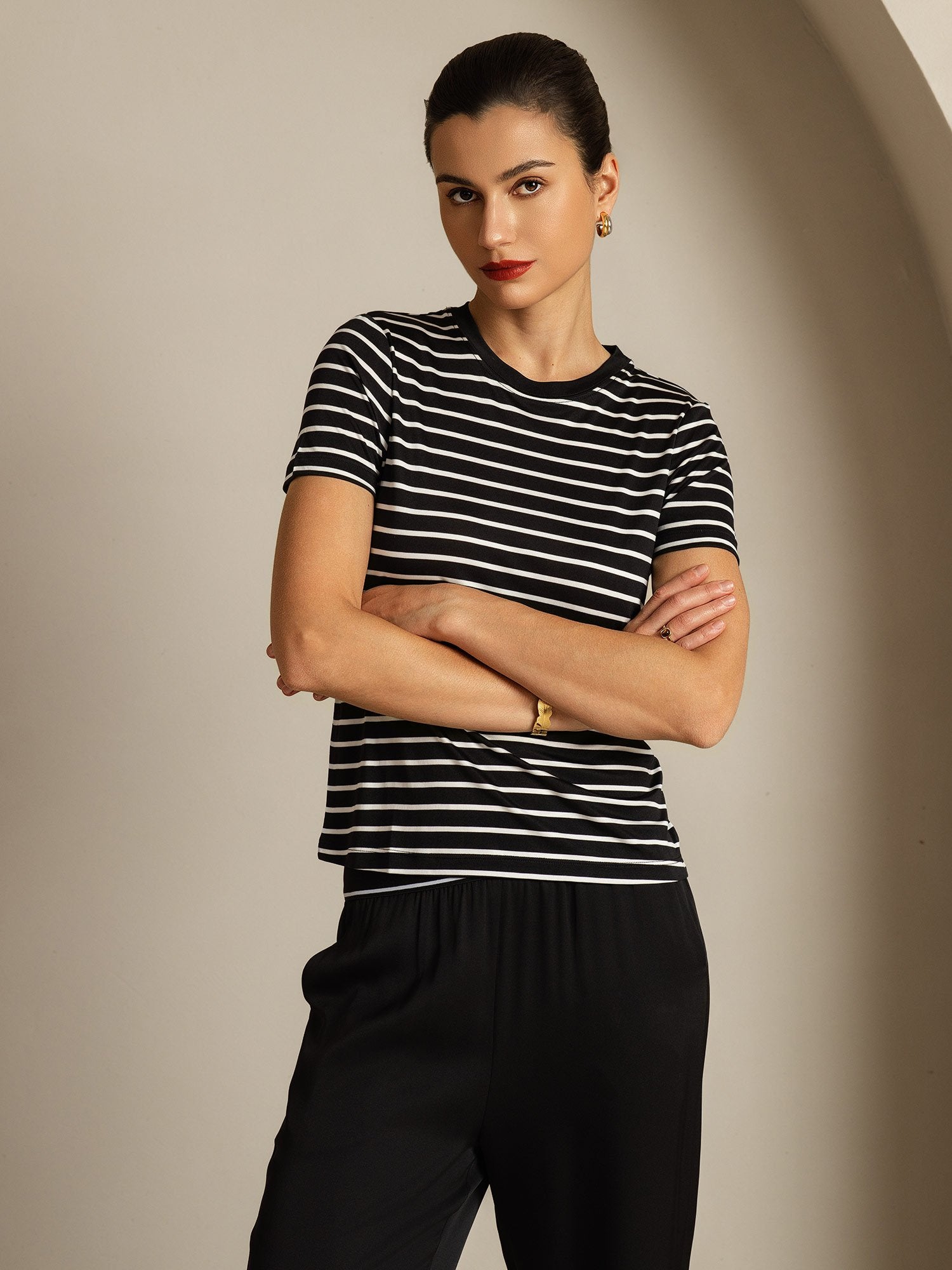 [SchwarzerStreifen] SilkSilky-DE Reine Seide Womens T-Shirt 005