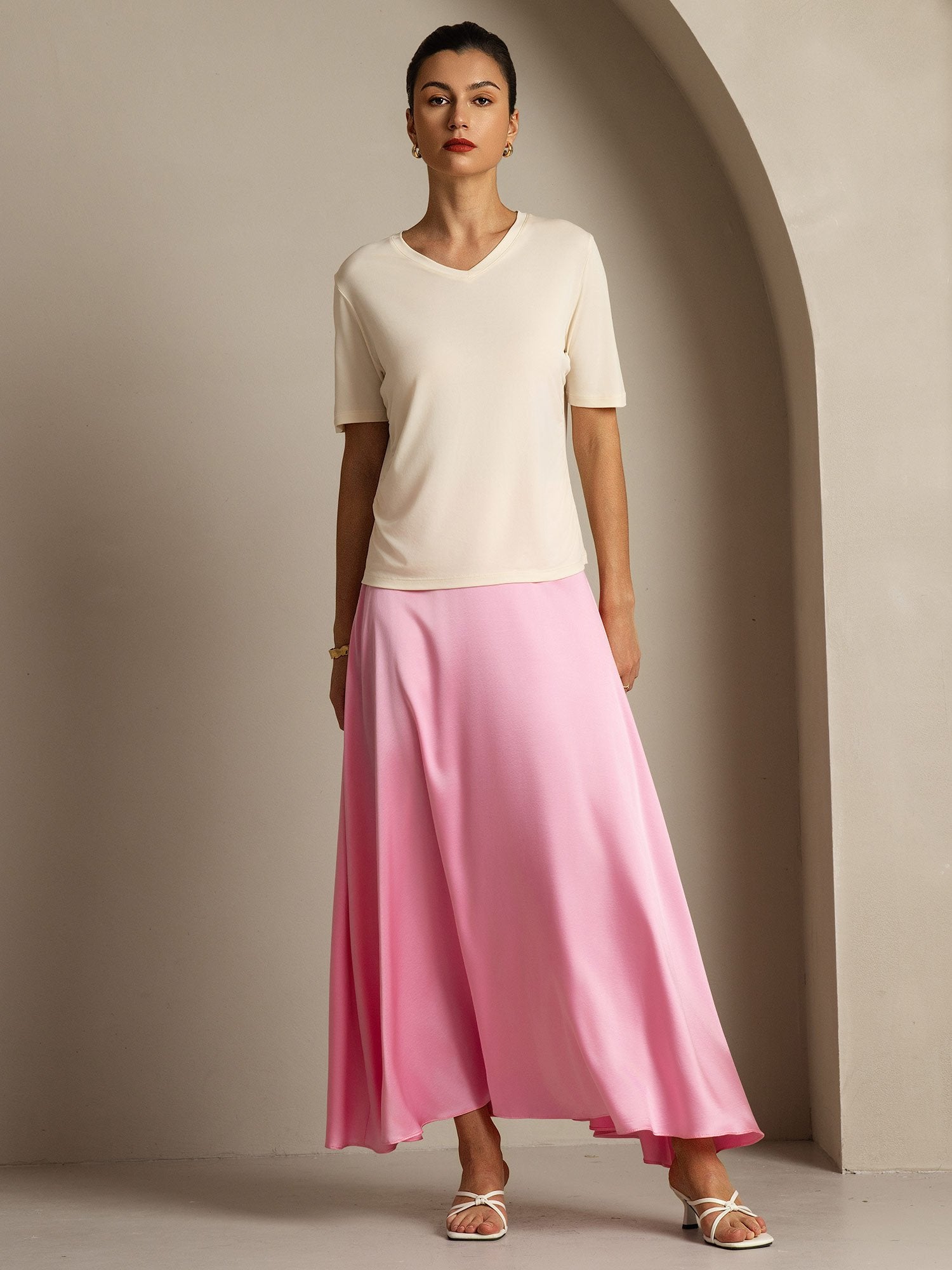 [Beige] SilkSilky-DE Reine Seide V Ausschnitt T-Shirt 008