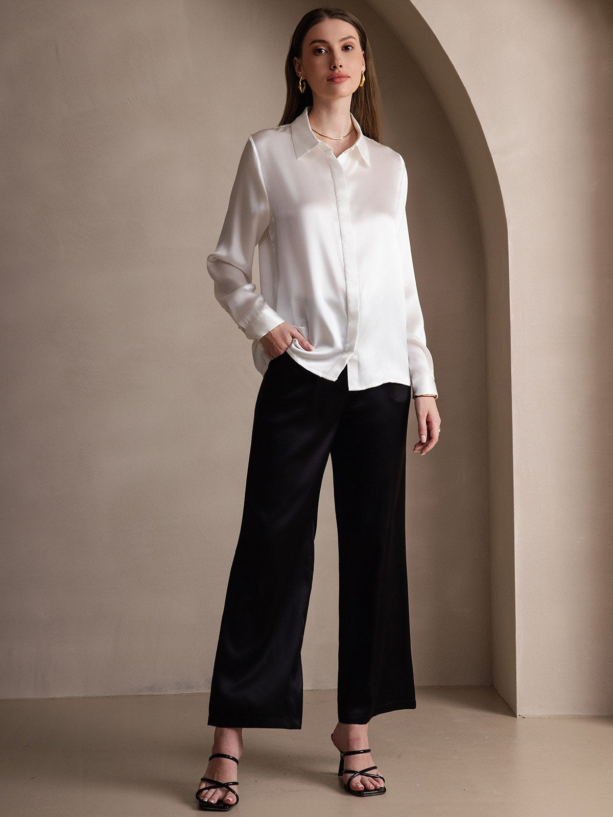 [Weiß] SilkSilky-DE 19Momme Seide Langärmelig Umlegekragen Damenhemd 007