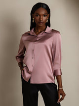 [Blasses Mauve] SilkSilky-DE 19Momme 3/4-lange Ärmel Lapelkragen Damenhemd 004
