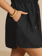 [Schwarz] SilkSilky-DE 18Momme Kappenärmel Henley-Ausschnitt Kleider 005