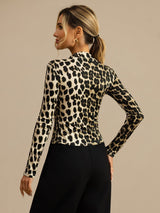 [Leopard] SilkSilky-DE Langärmelig Mock-Ausschnitt T-Shirt 002