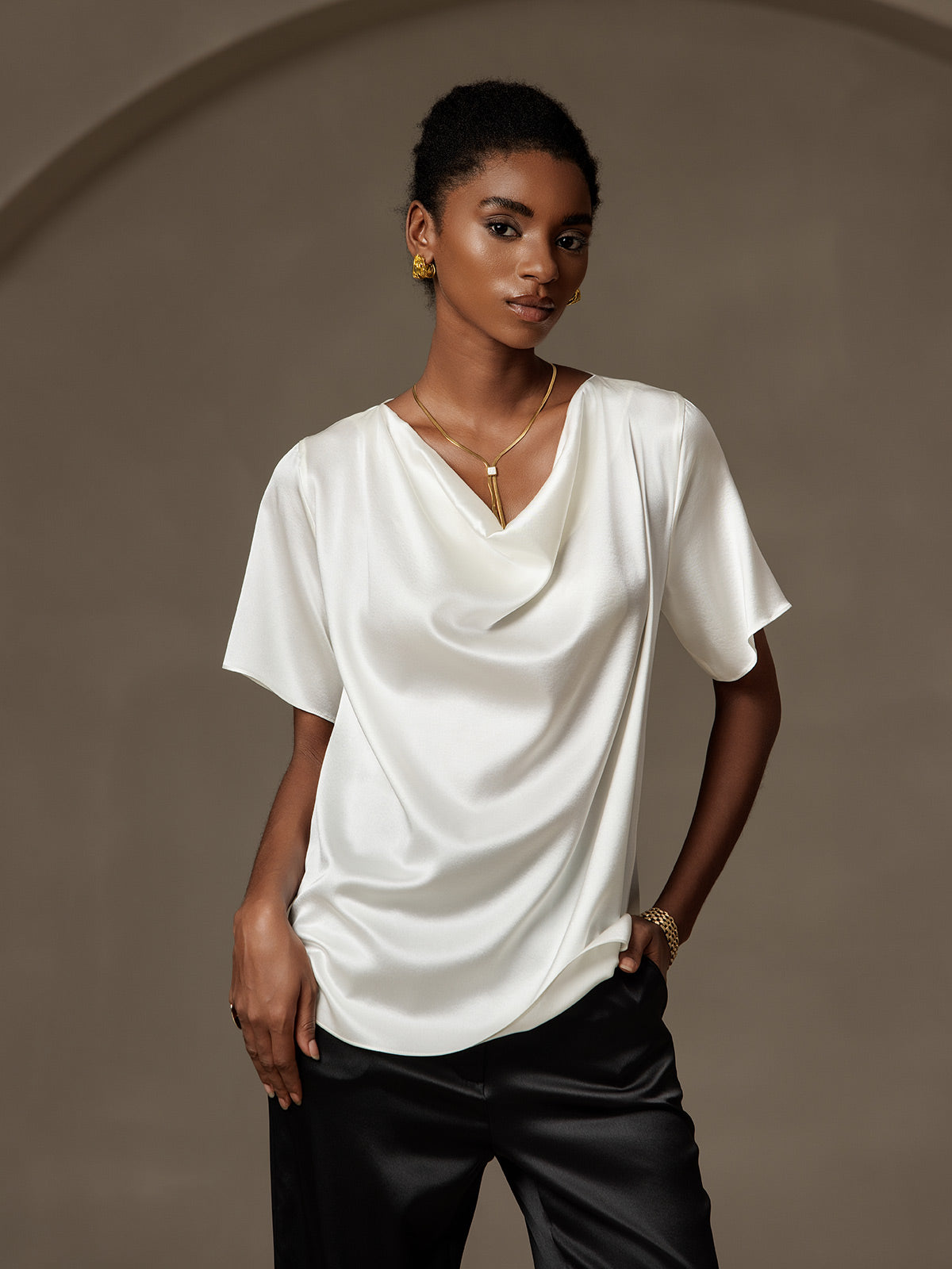 [Weiß] SilkSilky-DE 19Momme Seide Womens T-Shirt 003