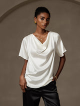 [Weiß] SilkSilky-DE Short Sleeve Cowl Neck Damenblusen 003