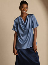 [Echtes Petrol] SilkSilky-DE Short Sleeve Cowl Neck Damenblusen 001