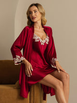 [Rotwein] SilkSilky-DE 3/4 Sleeve V Neck Nachthemd&Morgenmantel Set 007