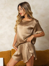[Champagner] SilkSilky-DE Kurzärmelig Rundhalsausschnitt Damen Pyjamas 001