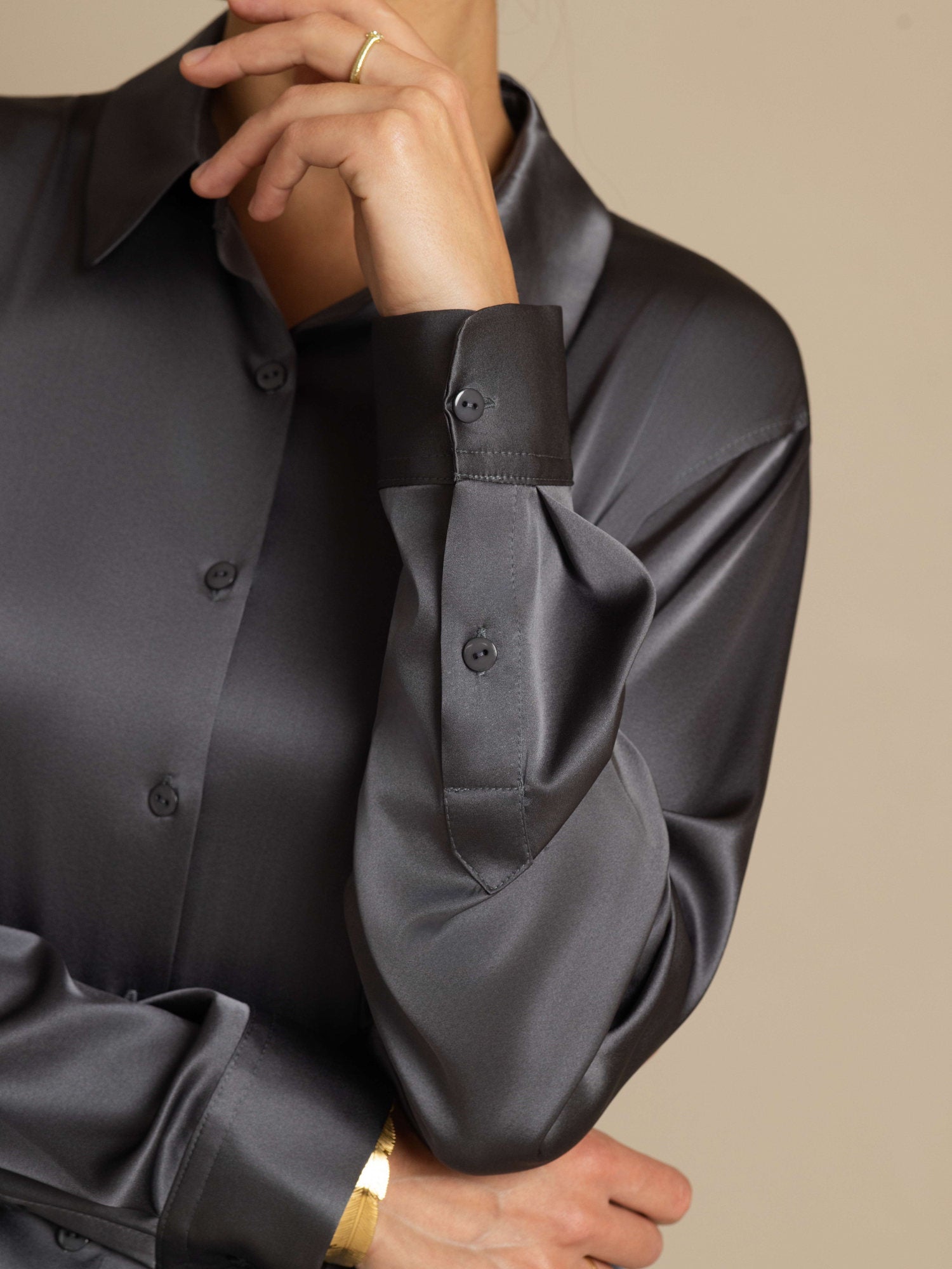 [Dunkelgrau] SilkSilky-DE Seide Langärmelig Umlegekragen Damenhemd 005