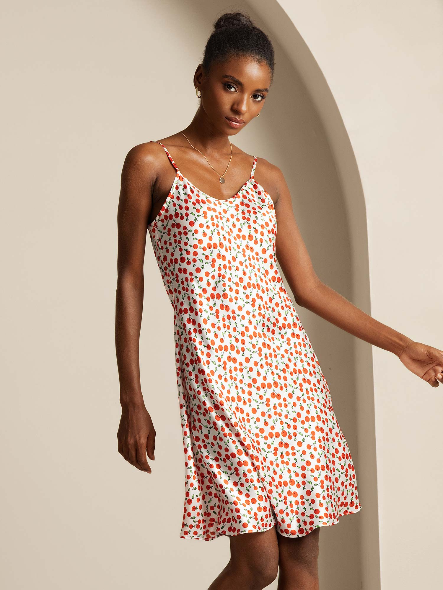 [Kirsche] SilkSilky-DE Reine Seide V Ausschnitt Kleider 005,