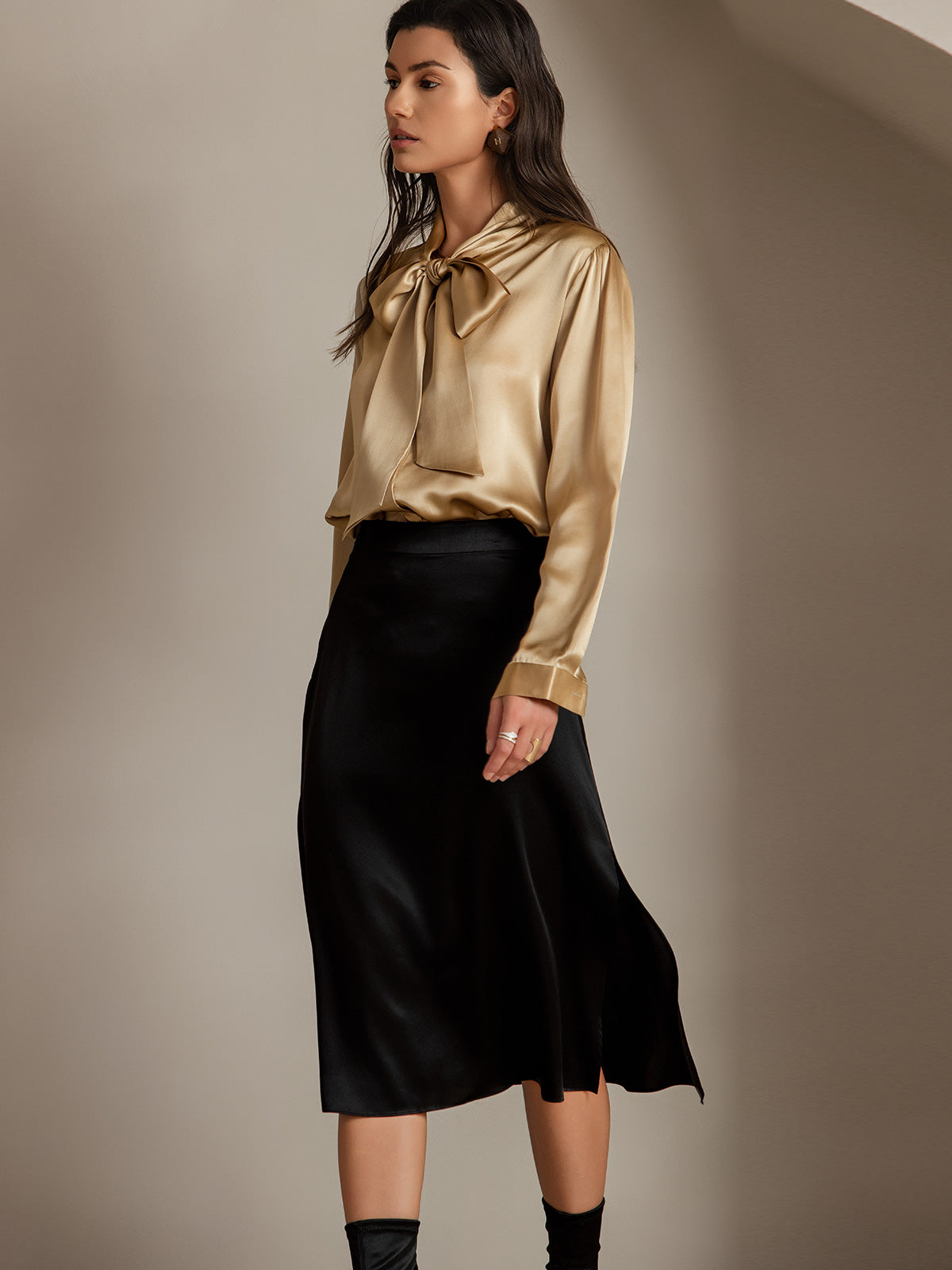 [Schwarz] SilkSilky-DE 19Momme Seide Skirt 004