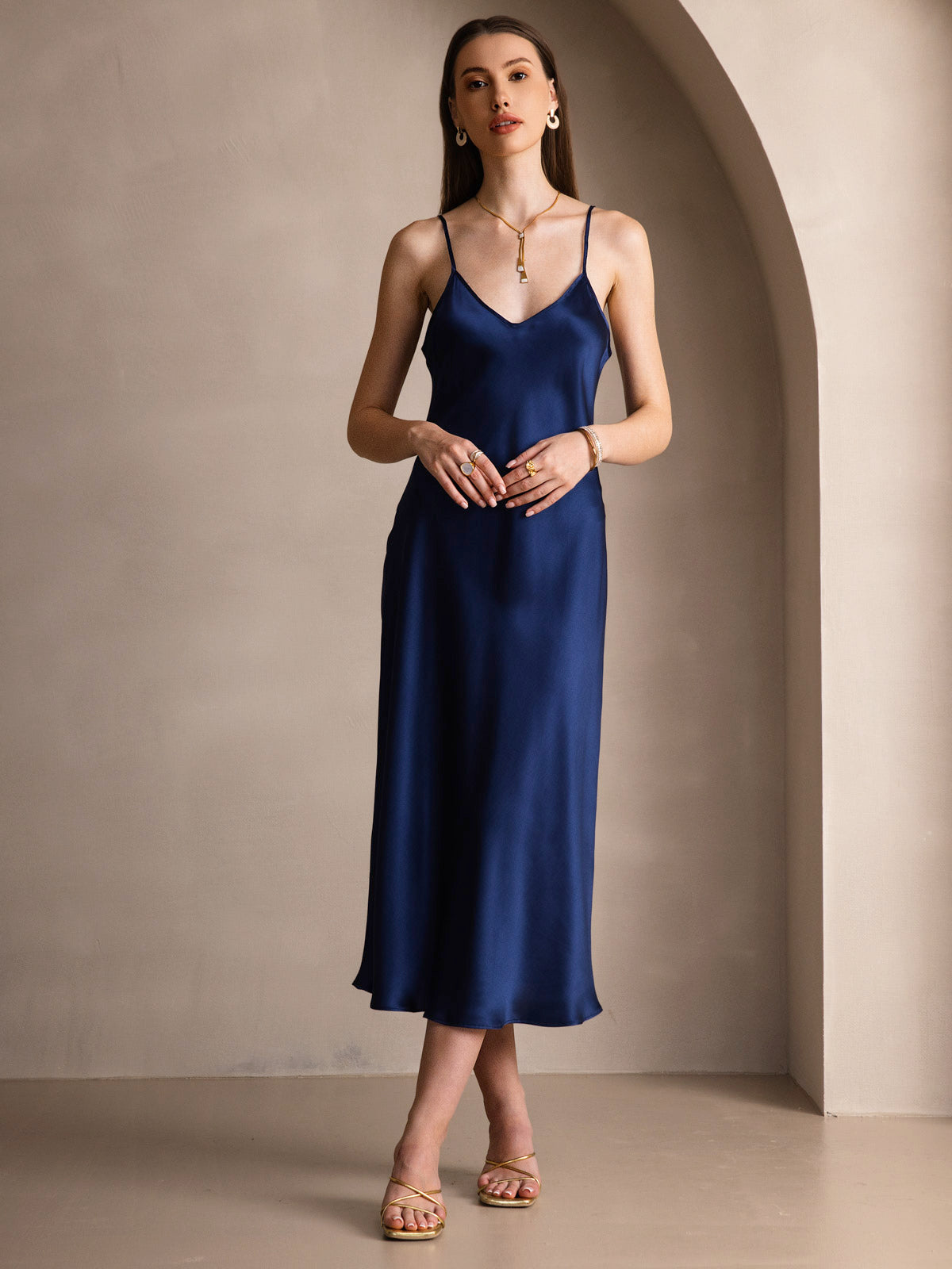 [Dunkelblau] SilkSilky-DE Reine Seide Dress 003