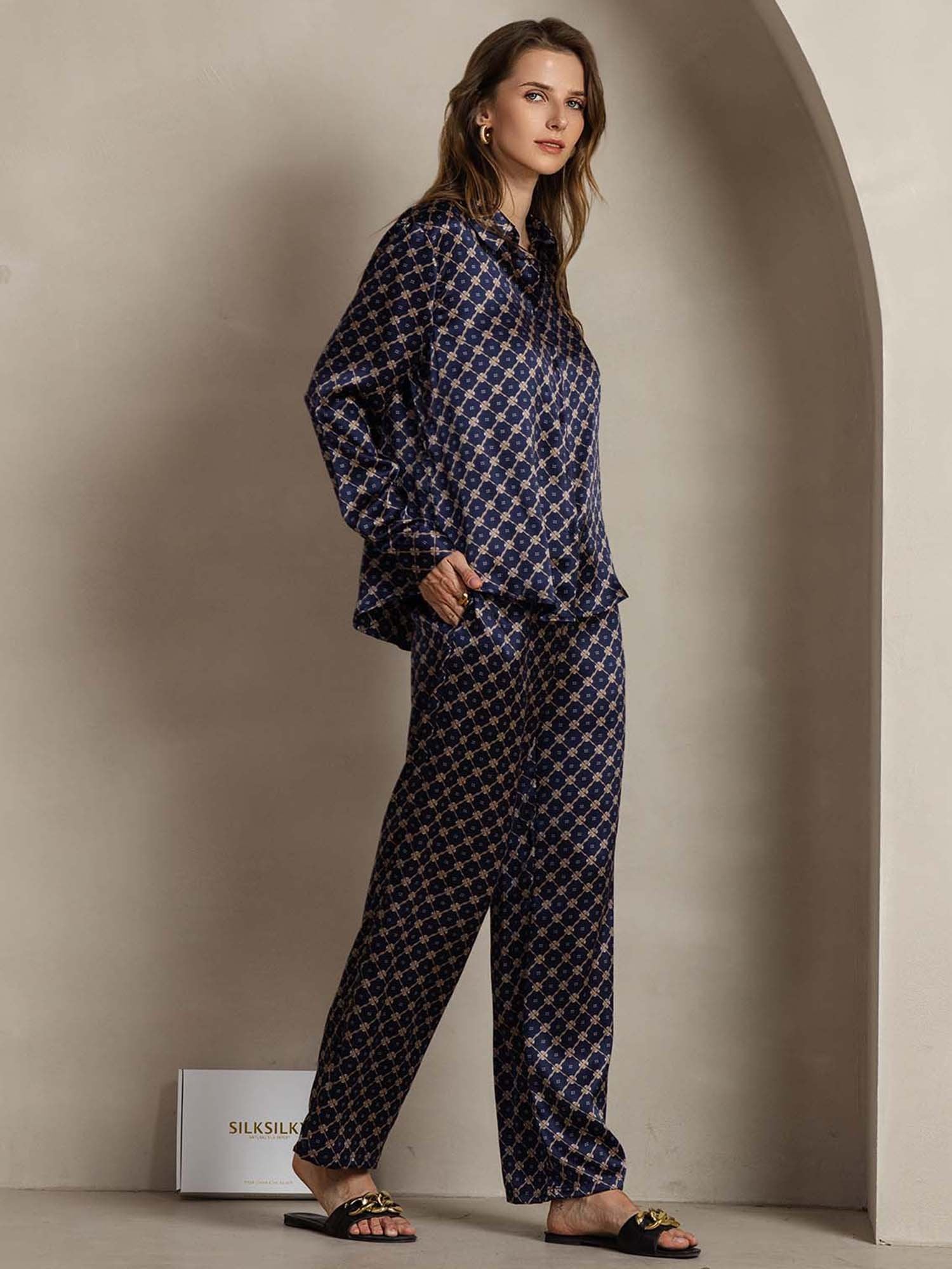 [Marine Kette] SilkSilky-DE 19Momme Seide Umlegekragen Women''s Outfit Sets 004