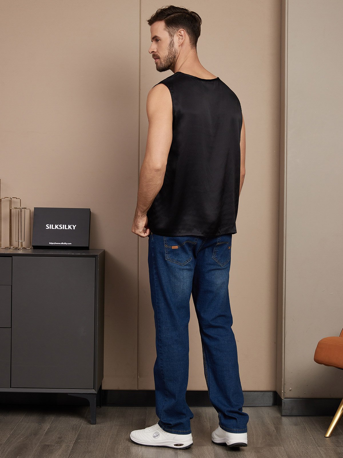 [Schwarz] SilkSilky-DE Reine Seide Mens T-Shirt 002,