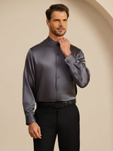 [Dunkelgrau] SilkSilky-DE Long Sleeve Stand Collar Herrenhemd 006