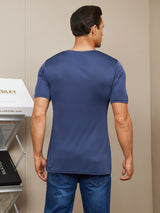 [Dunkelblau] SilkSilky-DE Kurzärmelig V Ausschnitt Herren T-Shirt 002