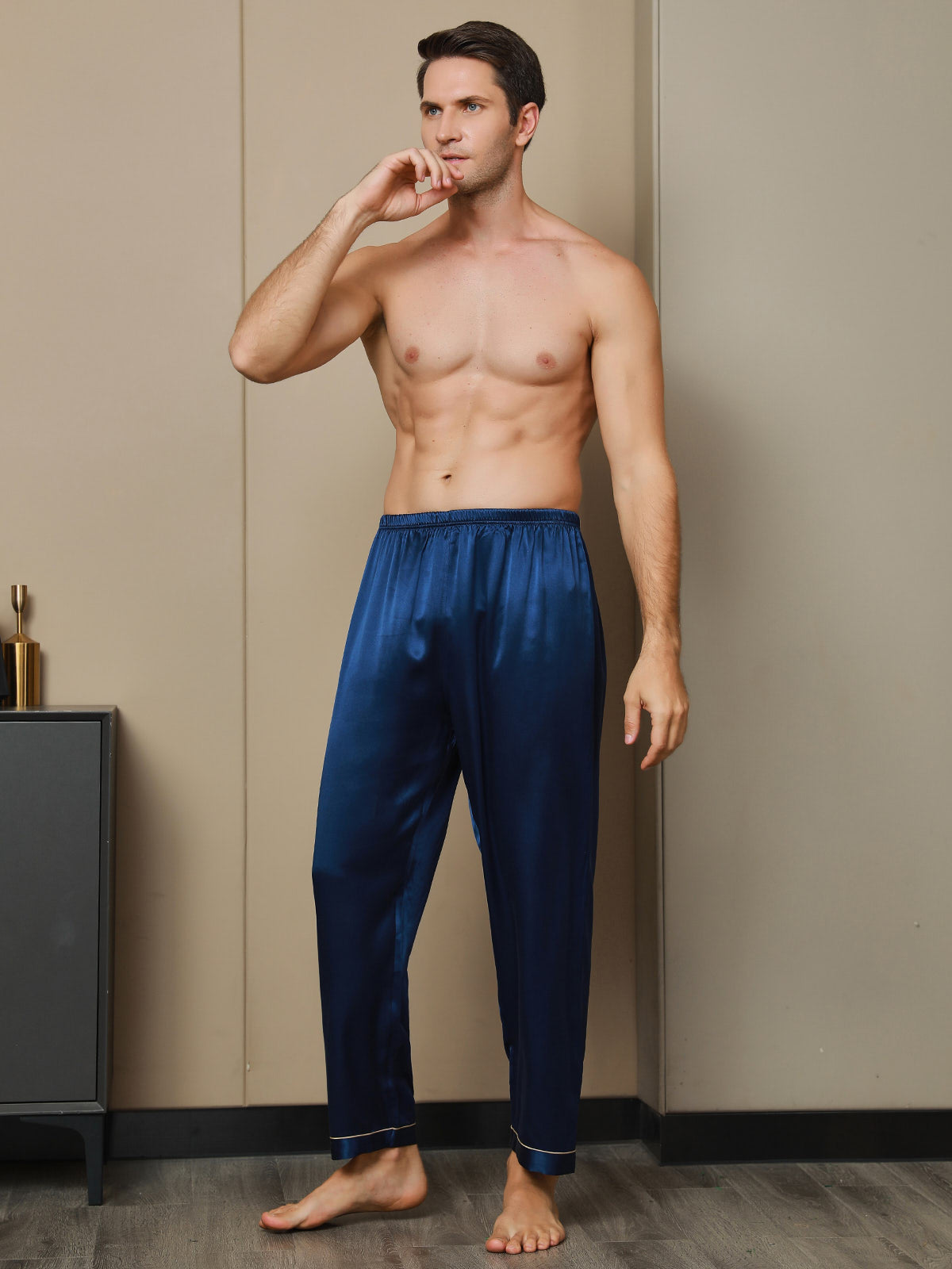 [Dunkelblau] SilkSilky-DE Reine Seide Mens Sleep Bottoms 004