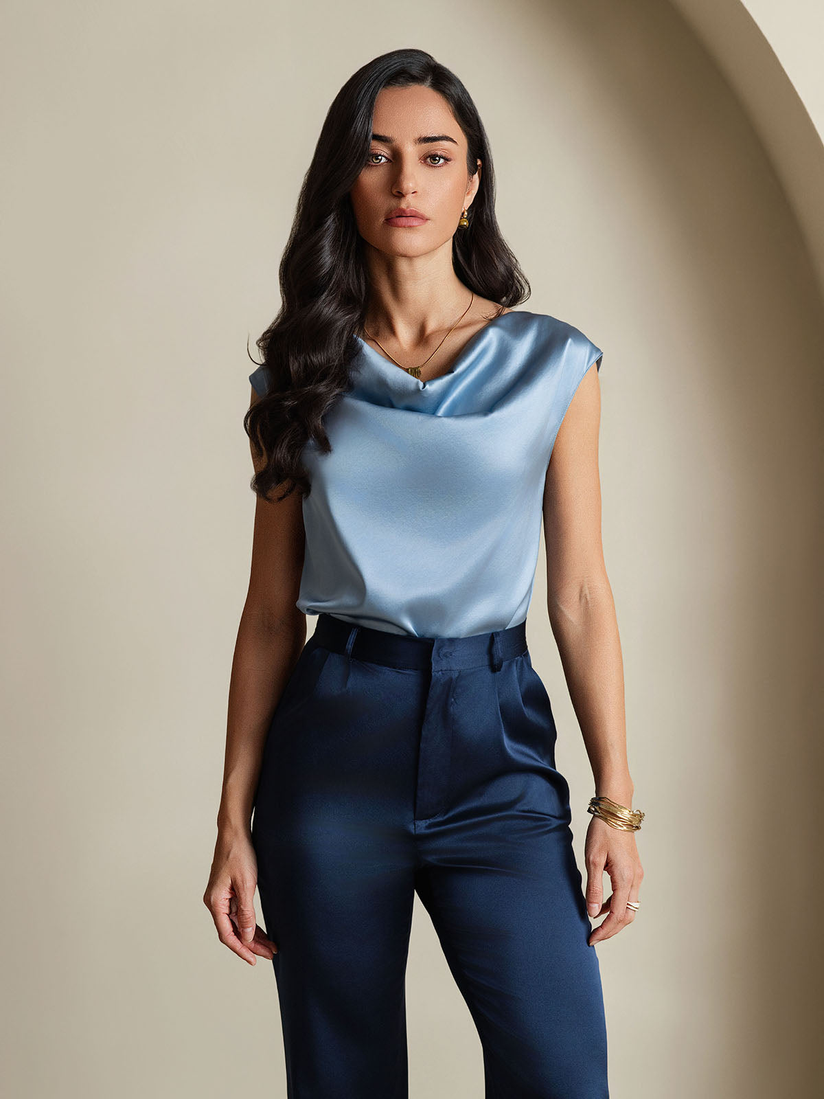 [Graublau] SilkSilky-DE 19Momme Seide Ärmellos Wasserfallausschnitt T-Shirt 003