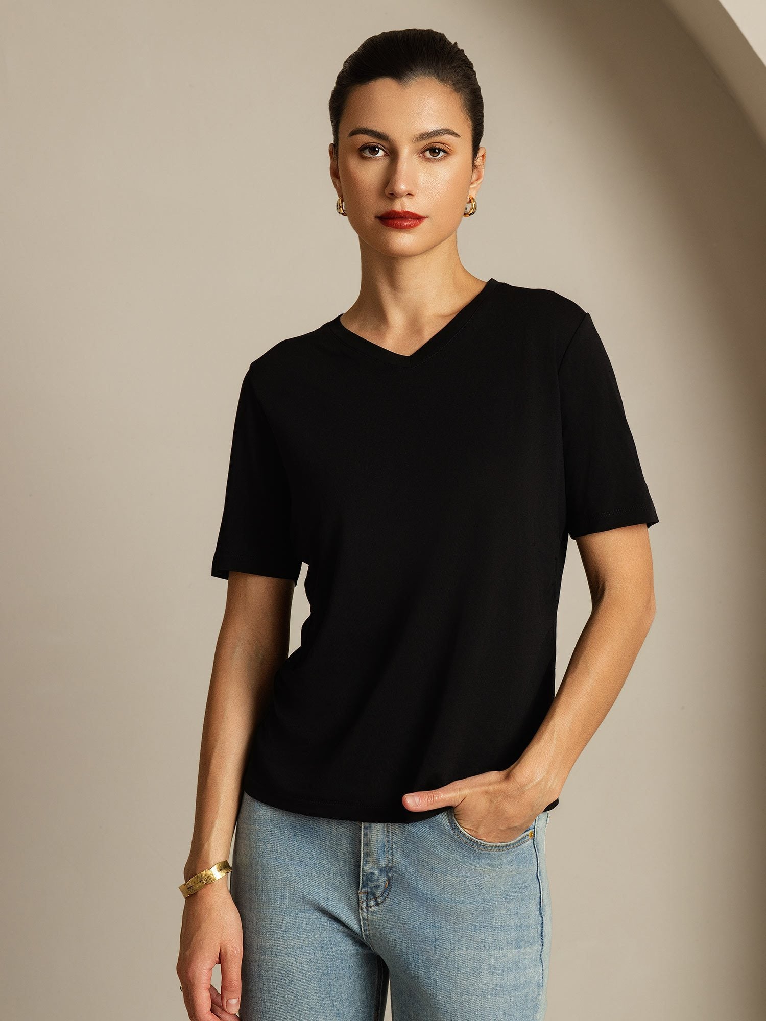 [Schwarz] SilkSilky-DE Reine Seide V Ausschnitt T-Shirt 001