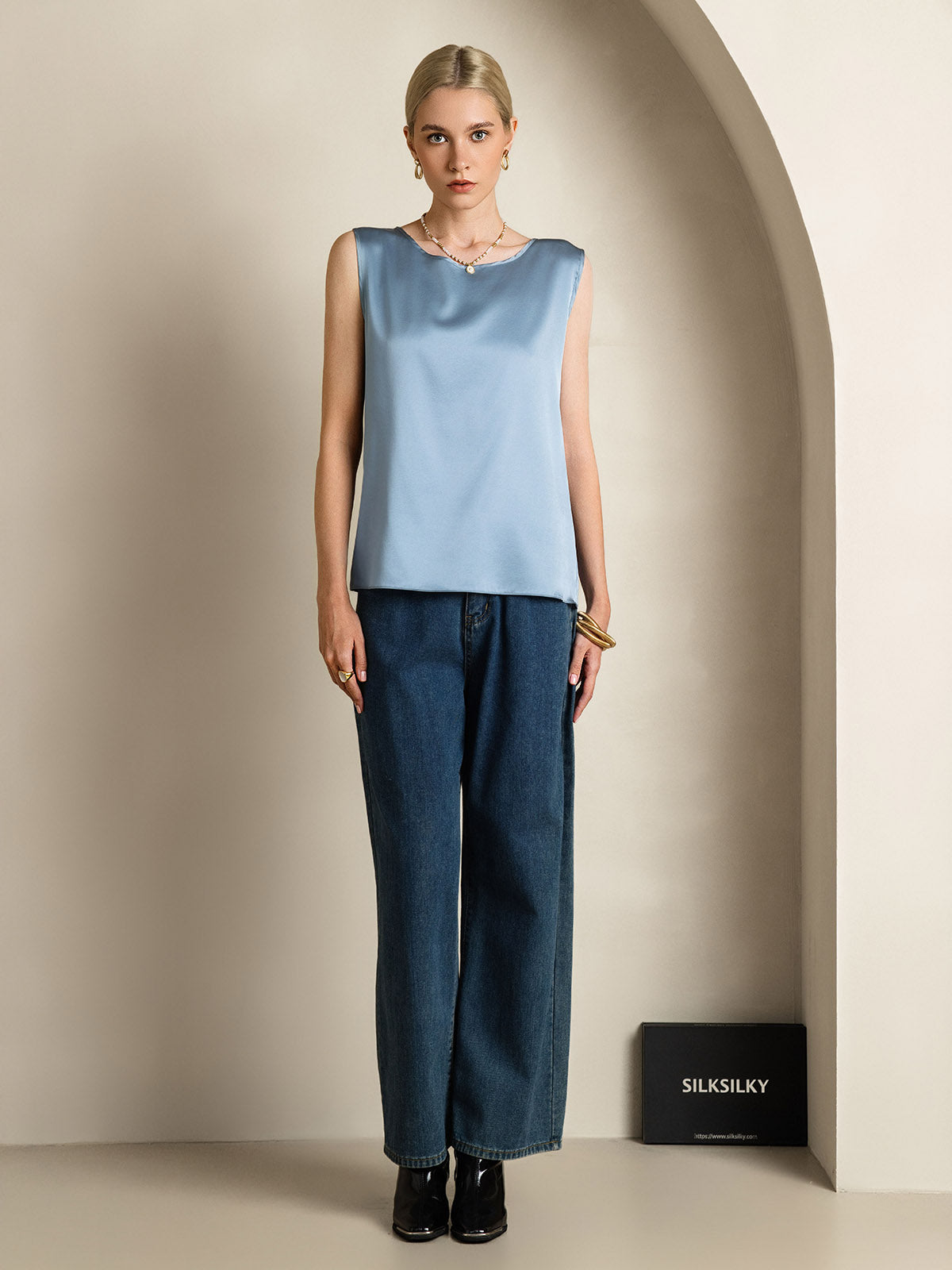 [Graublau] SilkSilky-DE 19Momme Ärmellos Rundhalsausschnitt Cami Top 006