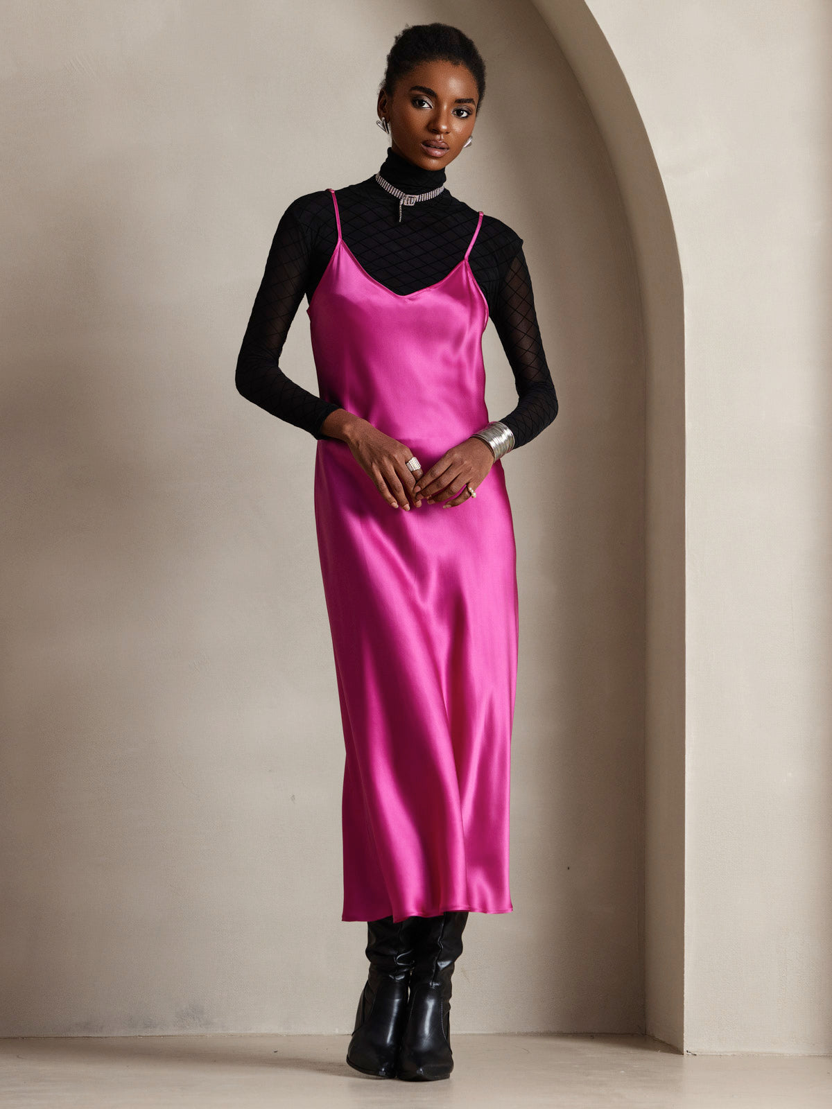 [Rosarot] SilkSilky-DE Spaghettiträger V Ausschnitt Kleider 001