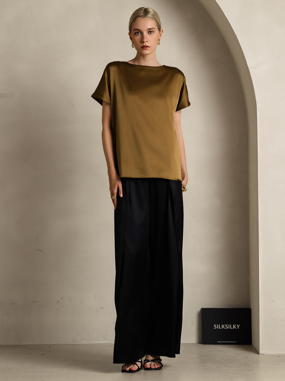 [Braun] SilkSilky-DE 19Momme Seide Womens T-Shirt 007