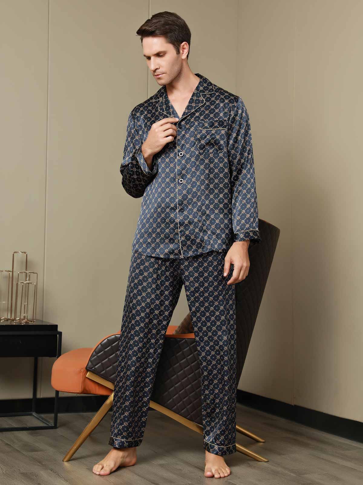 [Marine Kette] SilkSilky-DE Reine Seide Mens Pajamas 007