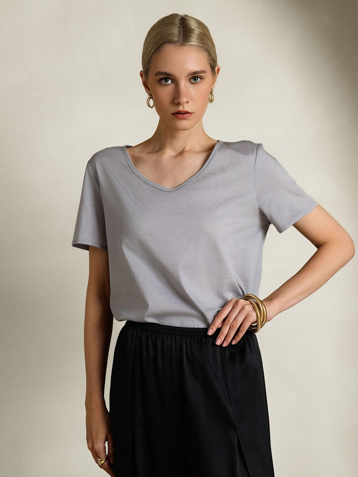 [Grau] SilkSilky-DE Seide Kurzärmelig V Ausschnitt T-Shirt 005