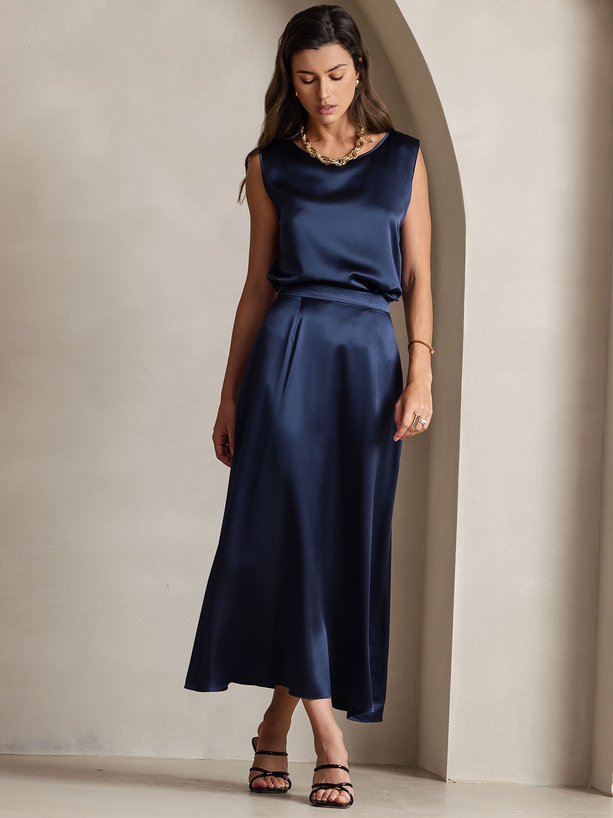[Dunkelblau] SilkSilky-DE 19Momme Seide Skirt 007