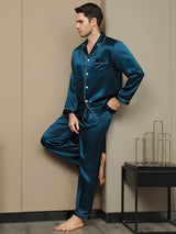 [König Blau] SilkSilky-DE Langärmelig Notch-Kragen Herren Pyjamas 005
